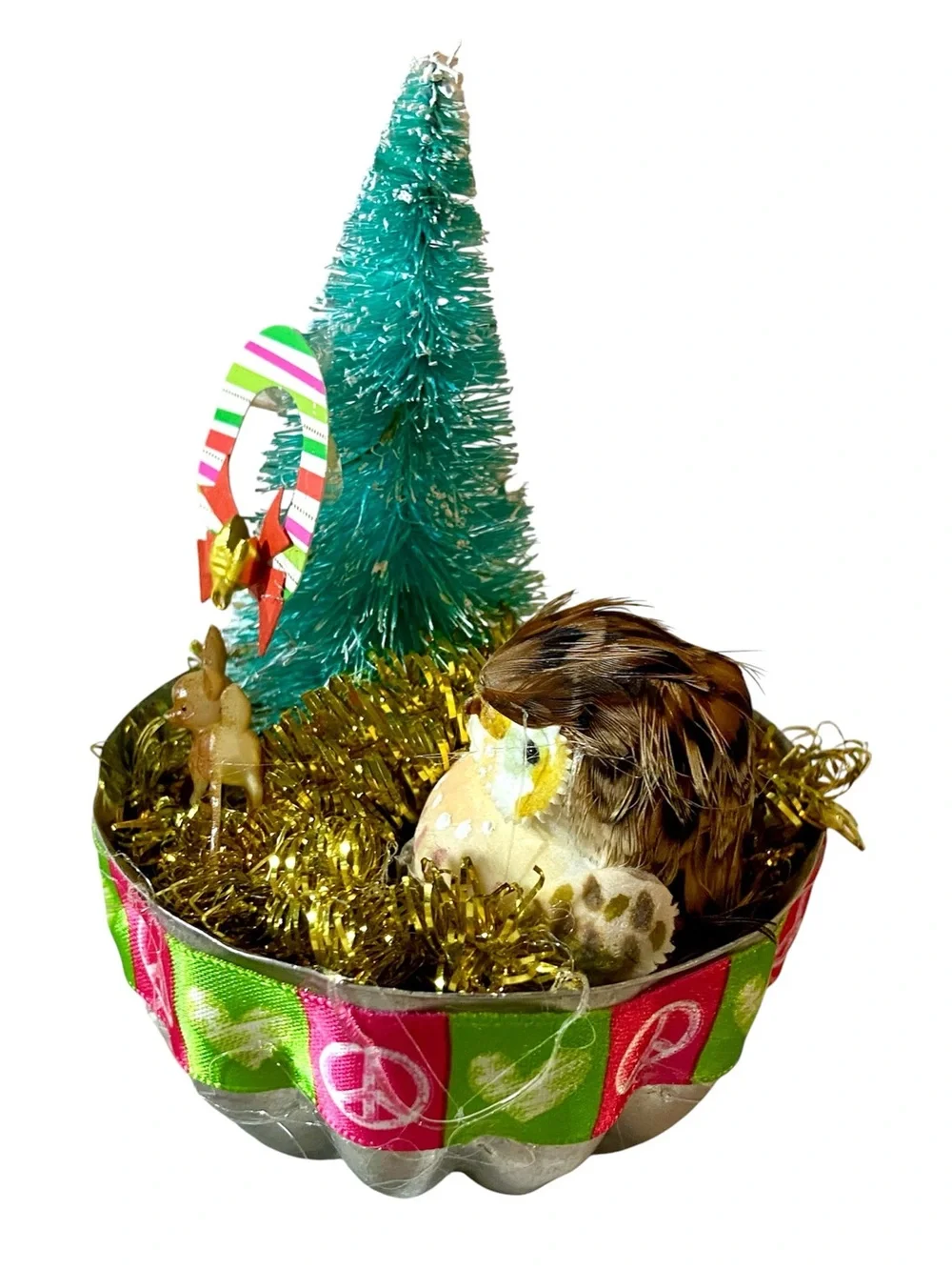 Handmade Holiday Christmas Vignette with Owl and Tree